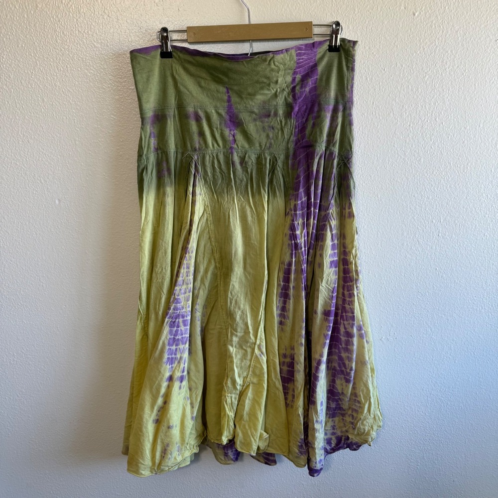 Vintage Cute Options Size Large Green Purple Tie Dye Maxi Skirt Boho Hippie